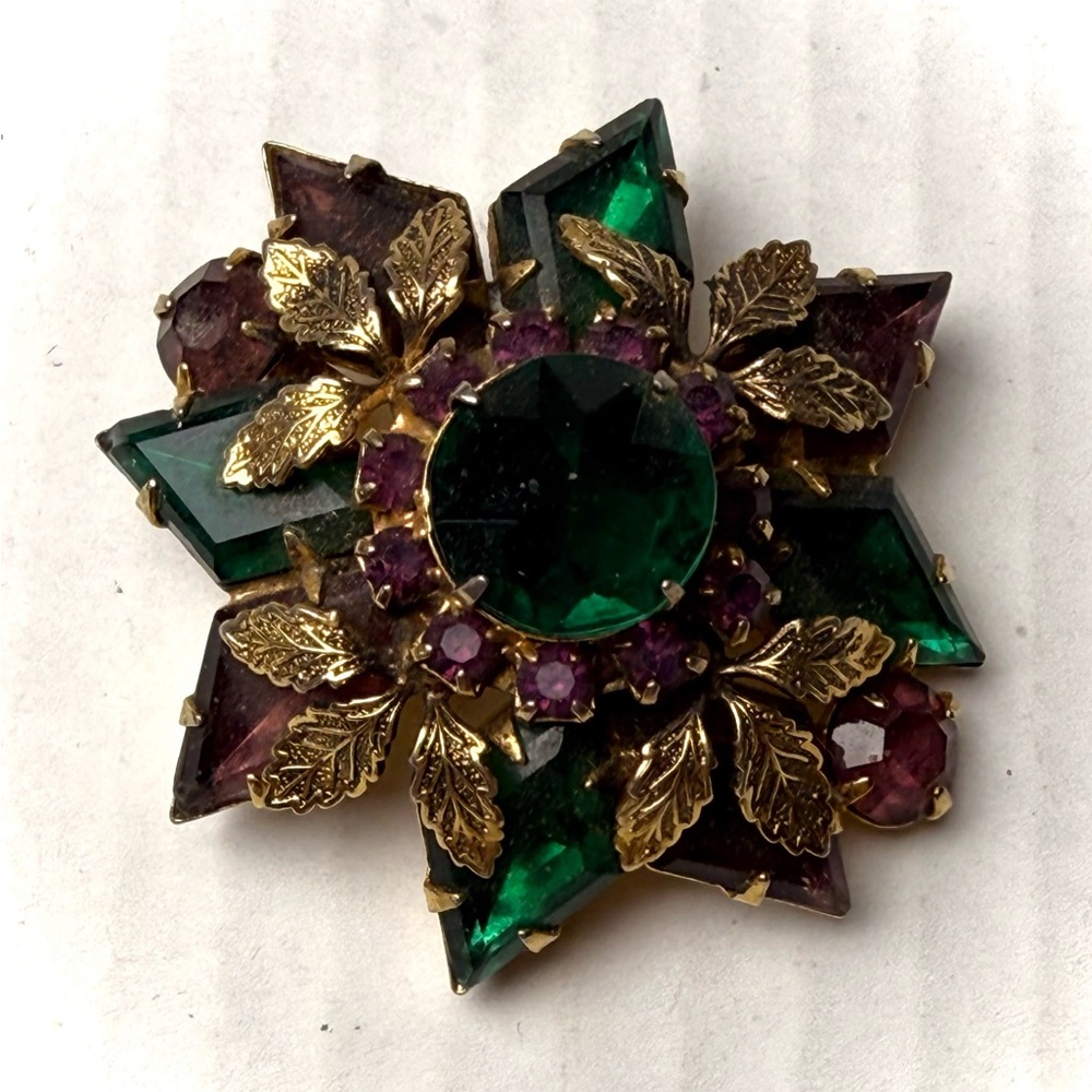 Vintage Purple Green Gold Tone Rhinestone Starburst Regal Brooch Pin Pendant MCM